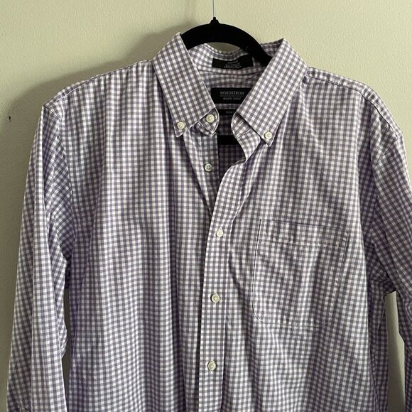 Nordstrom Mens 16 32-33 Purple/White Gingham Button Down Long Sleeve Dress Shirt - Picture 5 of 9